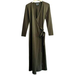 Lennie Wrap Sweater Dress Thick Olive Green Tie Waist Maxi Long Sleeve Sz Small